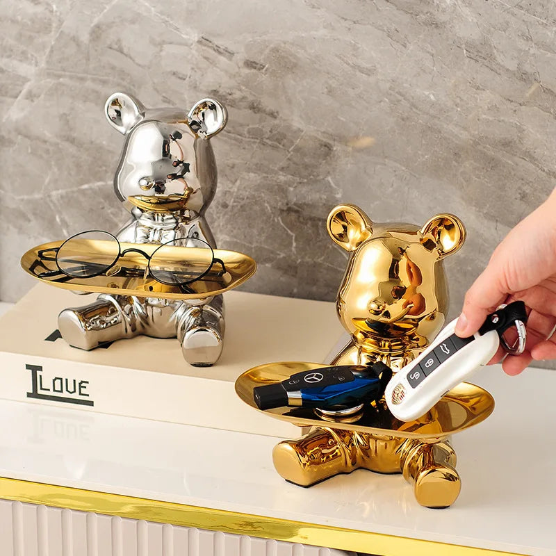 No-EN-Name-Null Modern Multicolor Ceramic-Enamel Cartoon Piggy Bank Bear Shaped Storage Tray Holders/Colors-Gold/Silver/Multicolor