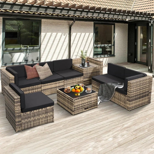 RUO WU 8 PCS Modern Geometric Black-Brown-Beige Zippered Waterproof Soft Cushions-Natural Wicker Rectangular Patio Rattan Outdoor Furniture Sets/Tempered Glass Coffee Table-Storage