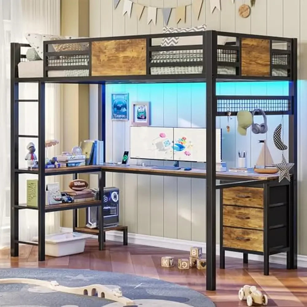 DUTRIEUX Polished Black Iron Mesh Metal Frame Twin Size Bunk Beds/Attached To L-Shaped Desk With RGB-LED Lights/ Charging Station/ Fabric Drawers/Shelves/ 400lbs Capacity/ Full-Length Raised Guardrails