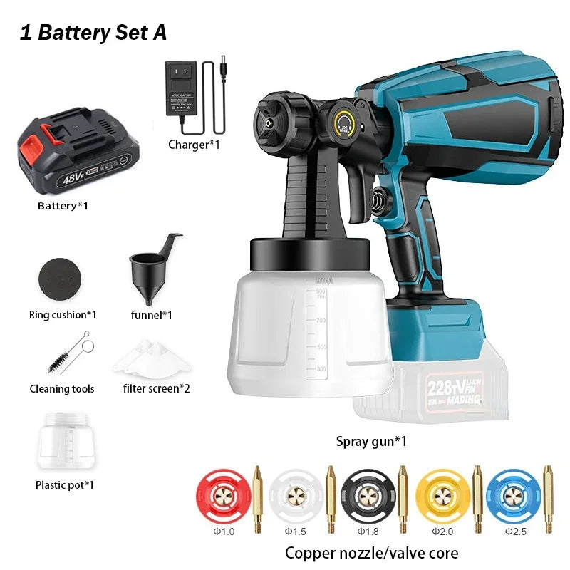 1000ML Electric Spray Gun Cordless Paint Sprayer Auto Furniture Steel Coating Airbrush 5 Nozzle Compatible for Makita Battery