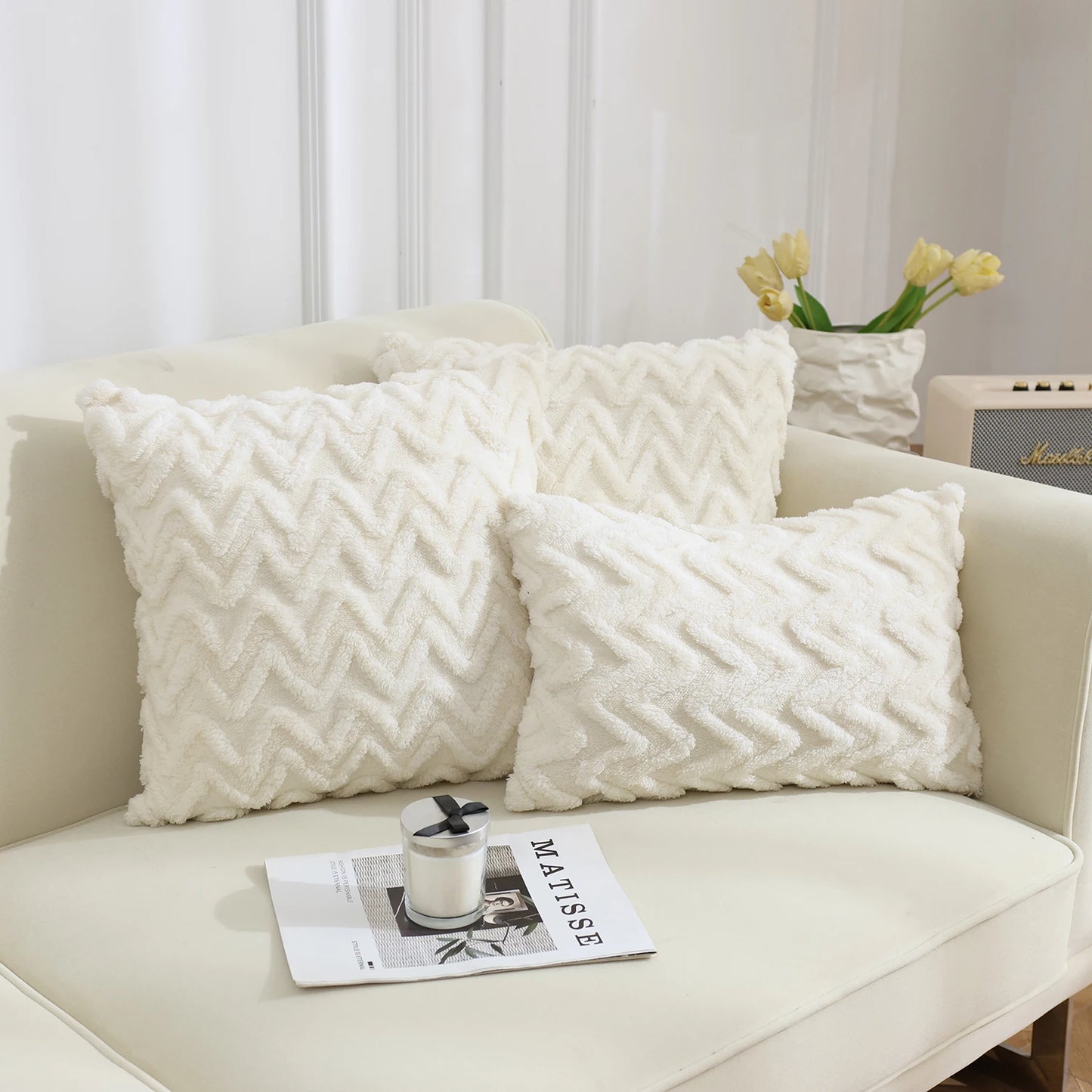 Geometric Polyester White Jacquard Square Plush Throw Pillows