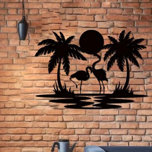 HELLOYOUNG Black Iron Metal Nature Palm Tree-Two Flamingo-Sunset On Water Design Wall Art Novelty Signs/Size: Length 21 cm/8.3 inches/Wide 30 cm /11.81 inches/Colors-Black/Multicolor
