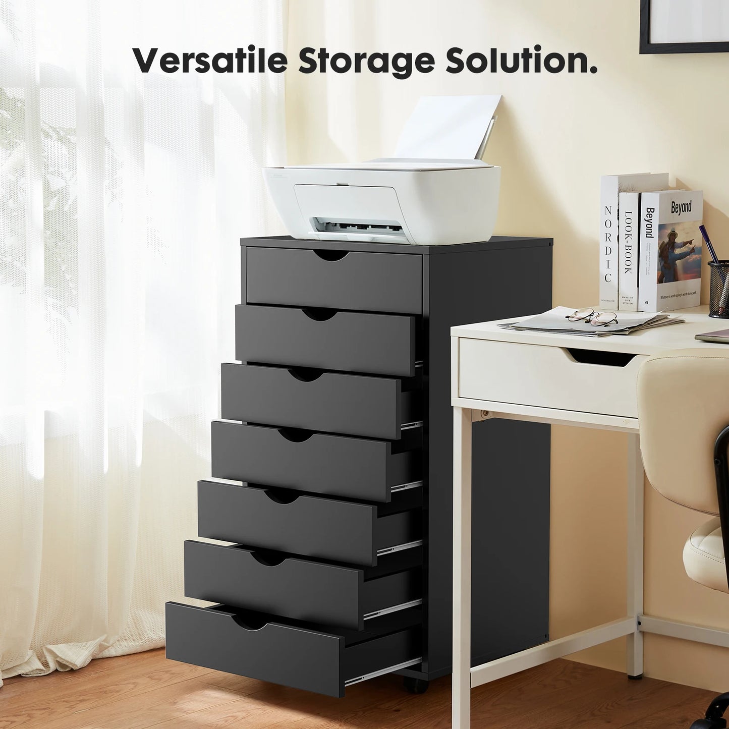 JHK Modern Tall Large White-Black Wood Metal Sliding Seven Drawers Two Brakes Four Black Plastic Locking Wheels Dressers/Sizes: L 15.75 x W 18.74 x H 34.25 Inch/Metal Gliding Fixtures On 7 Drawers
