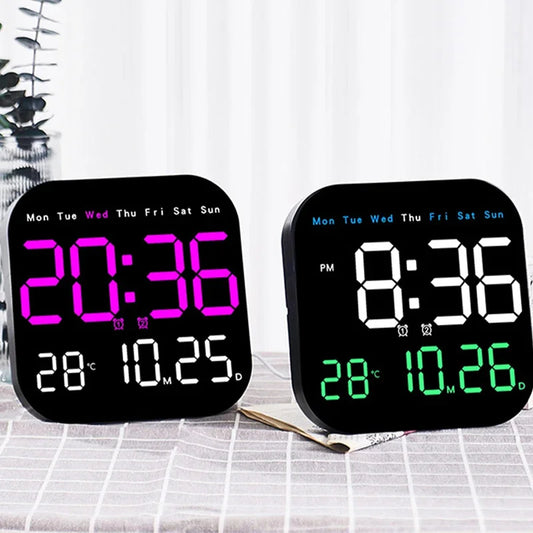 Modern USB Plug-In Black Plastic Square LED Large Digital Display Timing Function Remote Control Temperature-Week-Date Alarm Wall Clocks