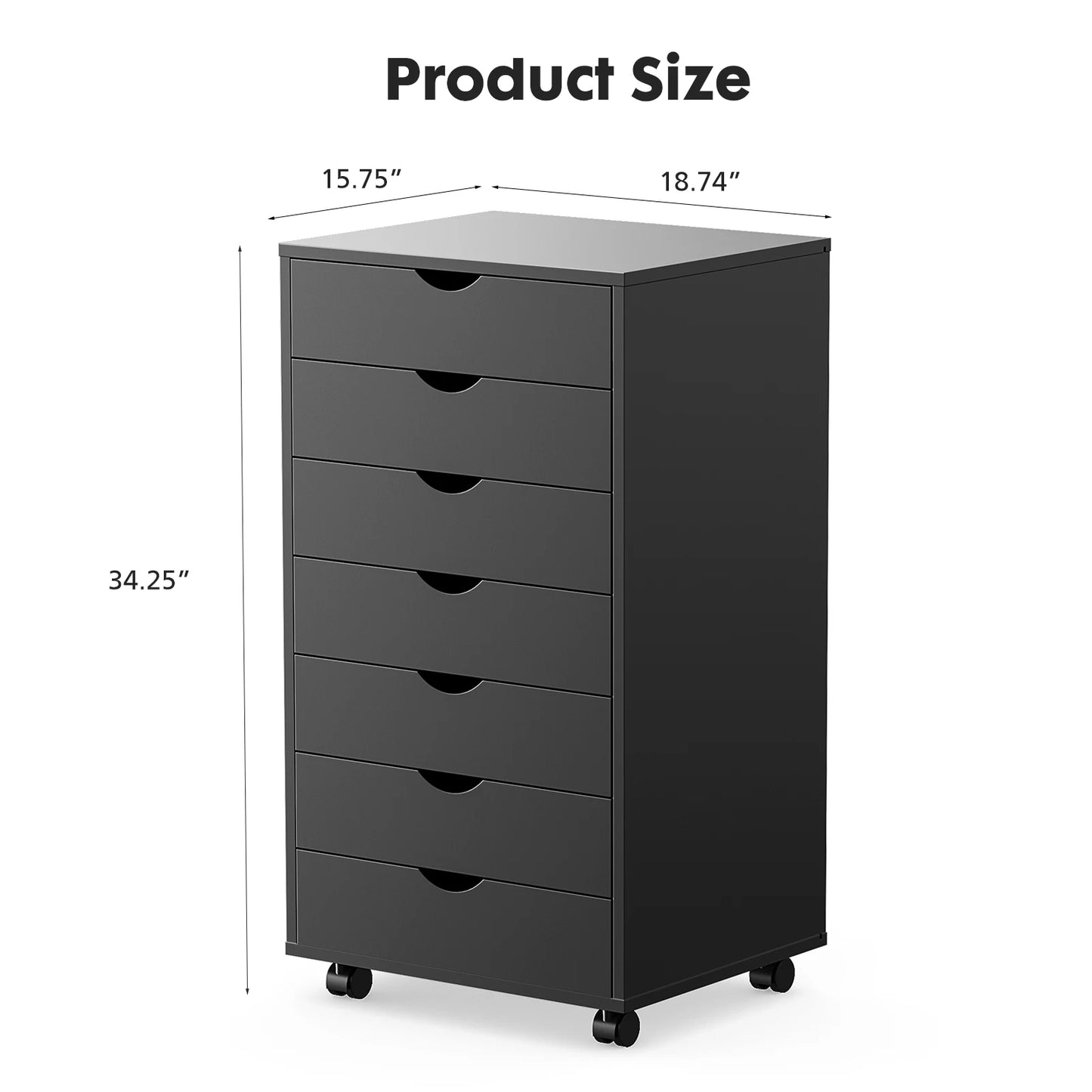 JHK Modern Tall Large White-Black Wood Metal Sliding Seven Drawers Two Brakes Four Black Plastic Locking Wheels Dressers/Sizes: L 15.75 x W 18.74 x H 34.25 Inch/Metal Gliding Fixtures On 7 Drawers