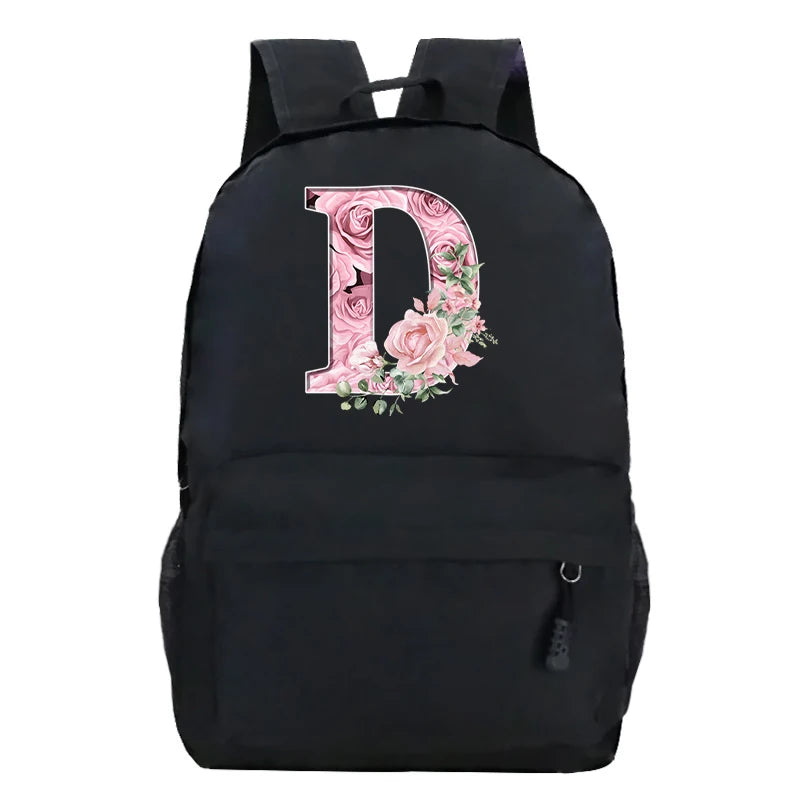 No-EN-Name-Null Waterproof Large Black Softback Nylon Fabric Printed Floral Pink Rose First Name Initial Letter Curved Back Zipper Canvas Lining Built-In Laptop Compartment Shoulder Straps-Handle Zippered External Pockets School Backpacks