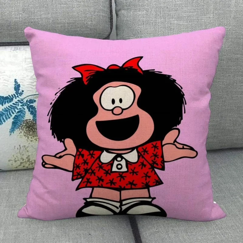 No-EN-Name-Null Customized Multicolor Square Machine Washable Soft Linen-Cotton Fabric Printed Mafalda Pillowcases/ Sizes: 45X45(One Sided)/Colors-Red/Purple/Beige/White/Pink/Blue/Black/Floral/Multicolor