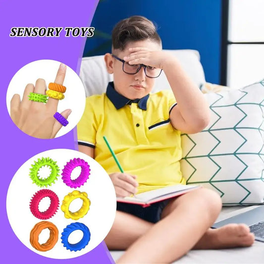 6 PCS Set Non-Toxic TPR Flexible Stretchy Silicone Spiky Sensory Rings Finger Ant-Stress Rings Fidget Toys/Colors-Multicolor/Orange/Geometric /Ages: 13-18 + Years Older