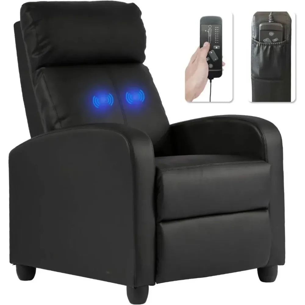 No-EN-Name-Null  Modern Remote Control Soft Black Faux Leather Cushions Upholstered Padded Backrest Massaging Recliners/Weight Capacity 275LBS/Colors-Red/Brown/Blue/Beige/Black/Light Beige