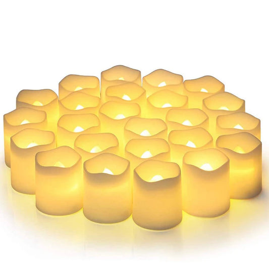 LAZZ HARR Indoor 24 PCS Warm Yellow LED Electronic Small Round White Plastic Tea Light Flameless Candles/Colors-White/Yellow/3-AG10 Button Batteries (Recyclable) Not Included/Colors-White/Yellow