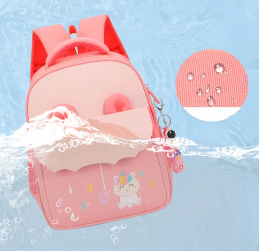 Kids Kindergarten Waterproof Blue Nylon Fabric Exterior Front Flap Pocket 3D Cartoon Animal Umbrella Design Personalized Embroidered Name  Zipper Polyester Lining Straps-Handle School Backpacks/ Phone Pocket/Colors-Pink/Blue/Multicolor