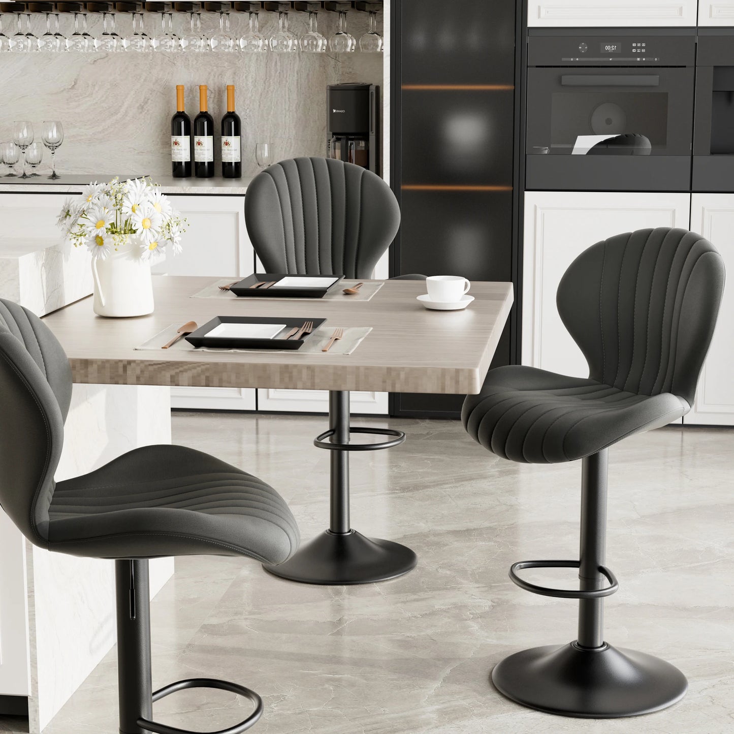 No-EN-Name-Null 2 PCS Waterproof Low Backrest Armless Upholstered Padded Shell Shaped Soft Faux Leather Fabric Seat Cushion Black Metal Round Base-Footrest Bar Kitchen-Dining Room Chair Sets /Colors-White/Beige/Gray/Black/Brown