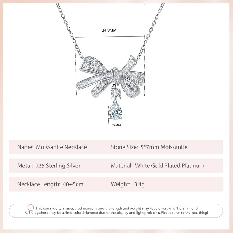Follow-Cloud Adult Women Fine Sterling Silver Gold-Plated Metal Handmade Teardrop Moissanite In The Center Shiny Bowknot Circle Pendant Round Clear White Imitation Diamond Stone Necklaces