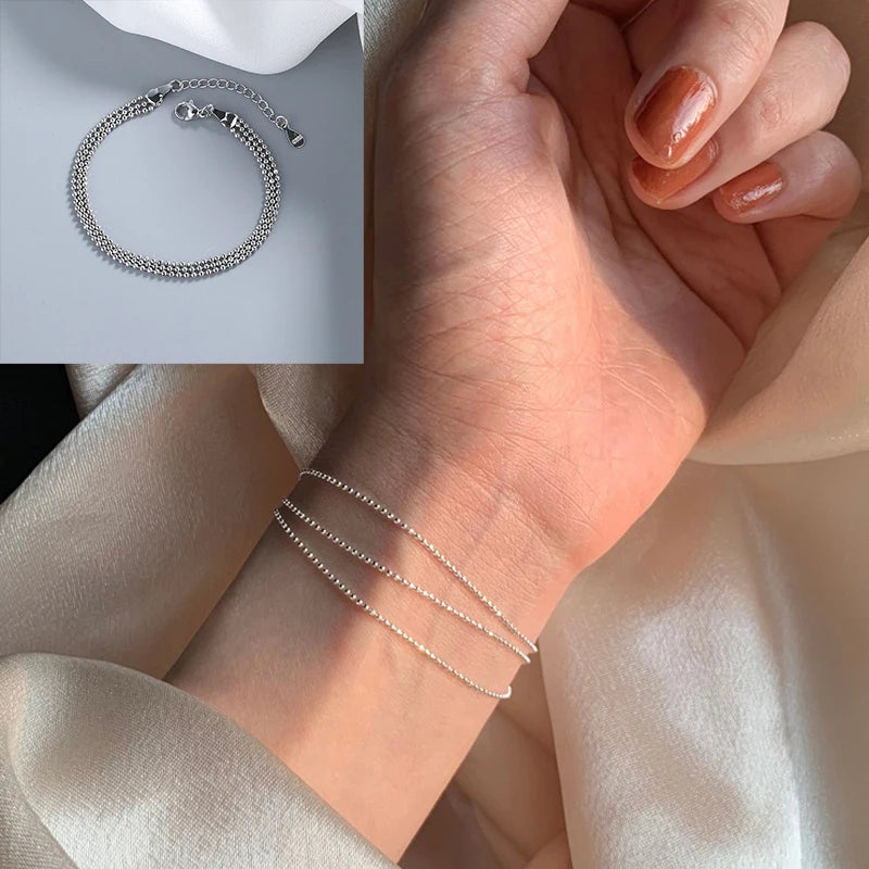 VENTFILLE Adult Women Fine Imitation Sterling Silver-Plated Metal Three-Layers Round O Rings Shaped Chain Charms Bracelets