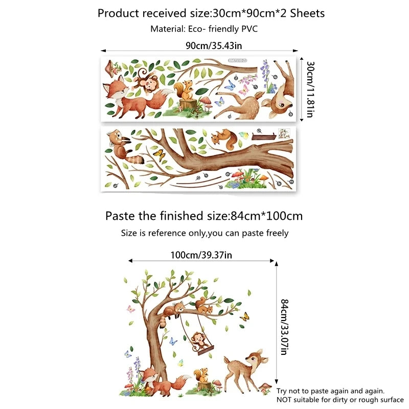 2-PCS Set Waterproof Removable Cartoon Monkey Standing Up Swing In A Roped Swing 2-Foxes Baby Deer 2 Squirrels In A Brown Tree Wall Stickers