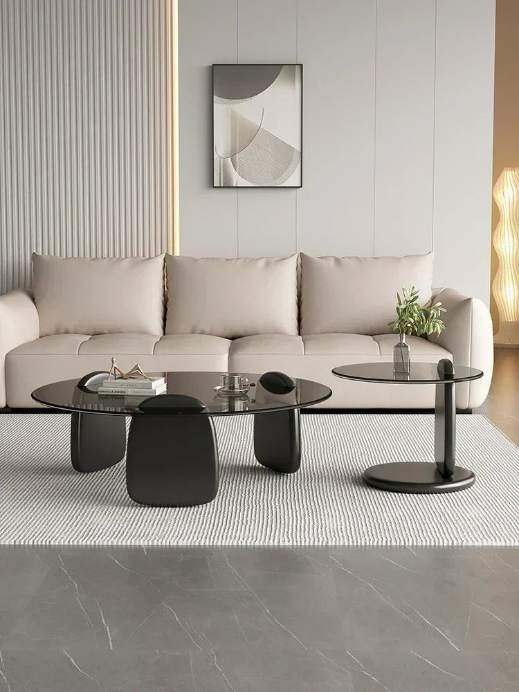 No-EN-Name-Null 2 PCS Modern Brown-Gray Thick High Tempered Glass Round Shaped Tops Solid Oak Rubberwood Three-Legged Design Coffee Table Sets/Easy To Clean/Colors-Gray Glass Tops/Brown Glass Tops