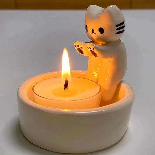 White Creative Cute Resin Cartoon Cat Sitting Down On Edge Of Candleholders