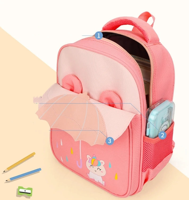 Kids Kindergarten Waterproof Blue Nylon Fabric Exterior Front Flap Pocket 3D Cartoon Animal Umbrella Design Personalized Embroidered Name  Zipper Polyester Lining Straps-Handle School Backpacks/ Phone Pocket/Colors-Pink/Blue/Multicolor