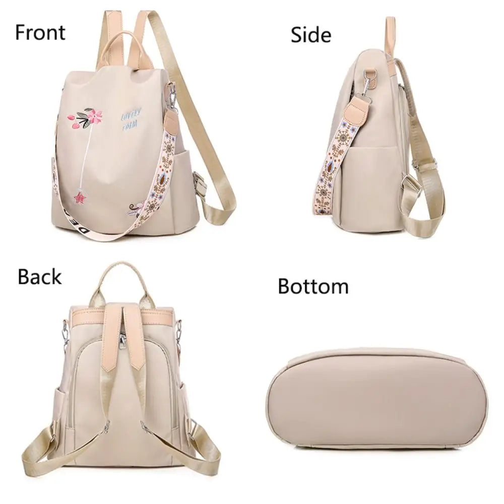 Women Modern Double Zippers Exterior Pockets Waterproof Black Oxford Fabric Floral Embroidered Flowers Design Polyester Lining Two Adjustable Straps-Two Handle Travel Backpacks/Single Compartment/Colors-Black/Pink/Blue