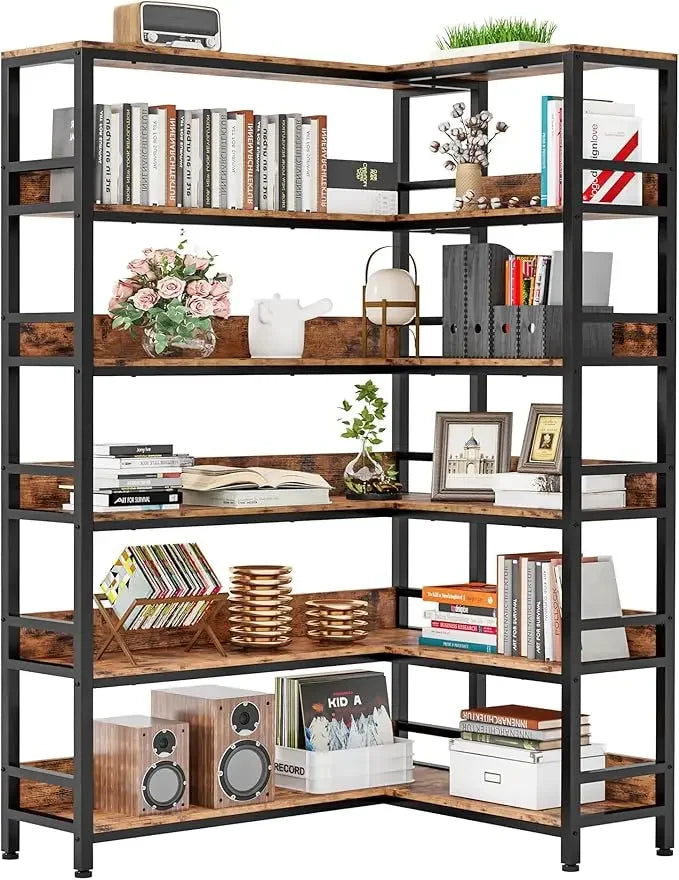 TONGYUE Indoor Modern Black-Brown Industrial Iron Metal Frame Engineered Wood Corner Bookcases-Shelves/Left Side- Size: 11.8" D x 43.3' W x 78" H/Right Side- Size:  11.8" D x 35.4" W x 78" H