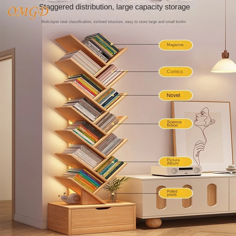 OMGD Modern Brown Wood-Panels One Drawer Box Base Free-Standing Living Room Small Tree-Like Shelves-Ladder Bookcases/Colors-Blue/Brown/White