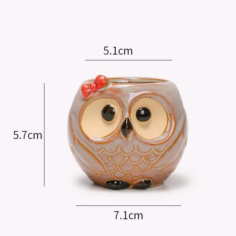 No-EN-Name-Null Nordic Home Garden Glazed Porcelain Ceramic Small Cute Cartoon Owl Shaped Design Round Mouth Animal Flower Pots/Colors-Black/Animals