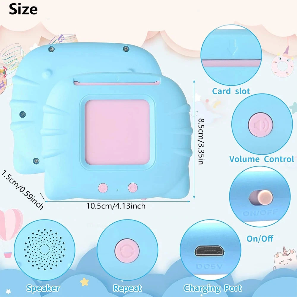 CHRIYUNGEL Kids Early Education English Talking Curved Edges Safe Non-Toxic Pink-Blue Plastic Square Built-In Battery Musical Electronic 112 Flashcards Audio Books Educational Flash Cards / USB Charging Cord/Ages: 3-8 Years Old