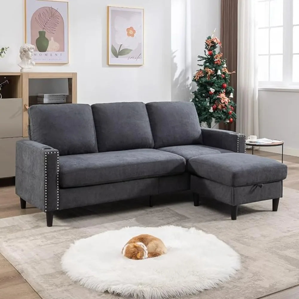 No-EN-Name-Null  Modern Cozy Medium Firm Nail-Head Trim Super-Soft Gray Velvet Fabric Cushions Right Face Two Cup Holders Side Storage Pockets Removable Ottoman L-Shaped Small Sectional Sofas
