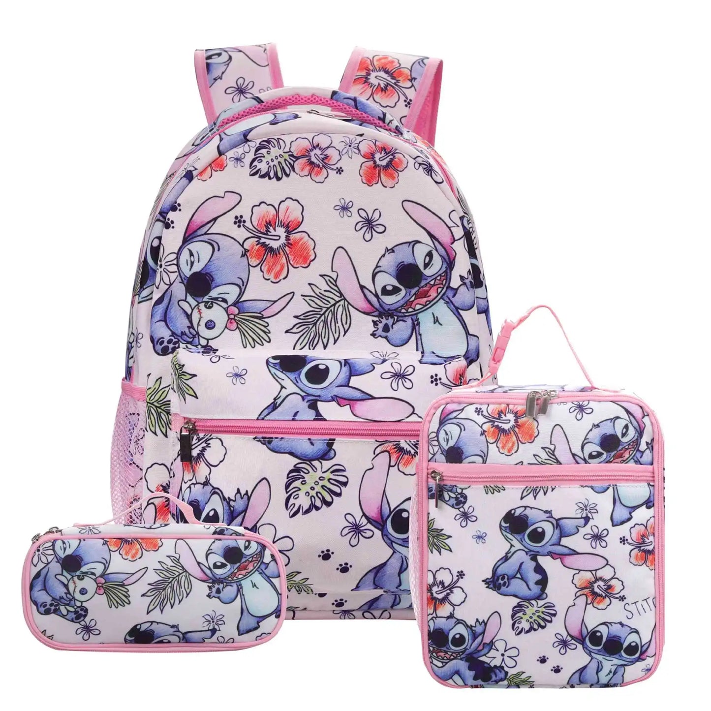 Disney Kids Large 3 PCS Cute Cartoon Stitch Movies-TV Theme Design Pink Polyester Fabric  Shoulder Straps-Handle Zipper Pockets School Backpacks Sets/Pencil Case/Small Accessory Bag/Colors-Multicolor/Pink/Blue