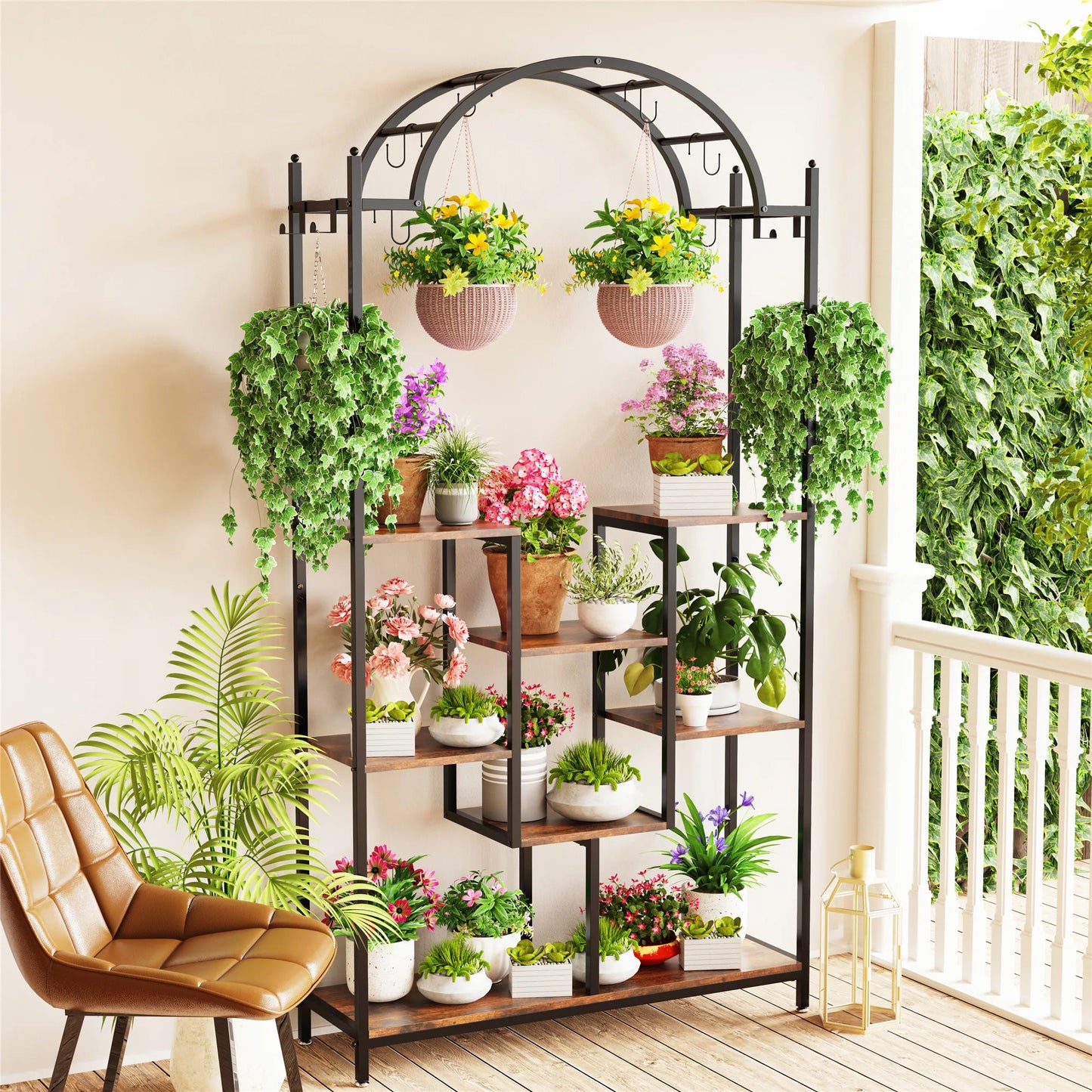 BINGOPAW 5-Tier Indoor Arched Heavy Duty Iron Metal Plant Stands / Pine Chipboard Shelves/Hanging Hooks