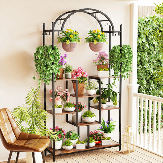 BINGOPAW 5-Tier Indoor Arched Heavy Duty Iron Metal Plant Stands / Pine Chipboard Shelves/Hanging Hooks