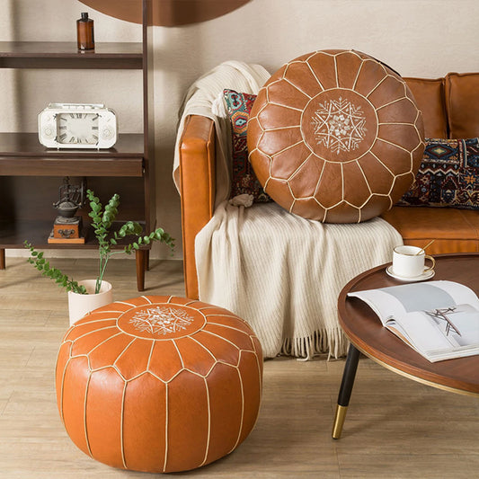 SERENABLE Modern Geometric Pattern Removable Brown Faux Leather Round Unstuffed Pouf Unfilled Ottoman COVERS /Size 50 x 25cm/19.69 x 9.84inch