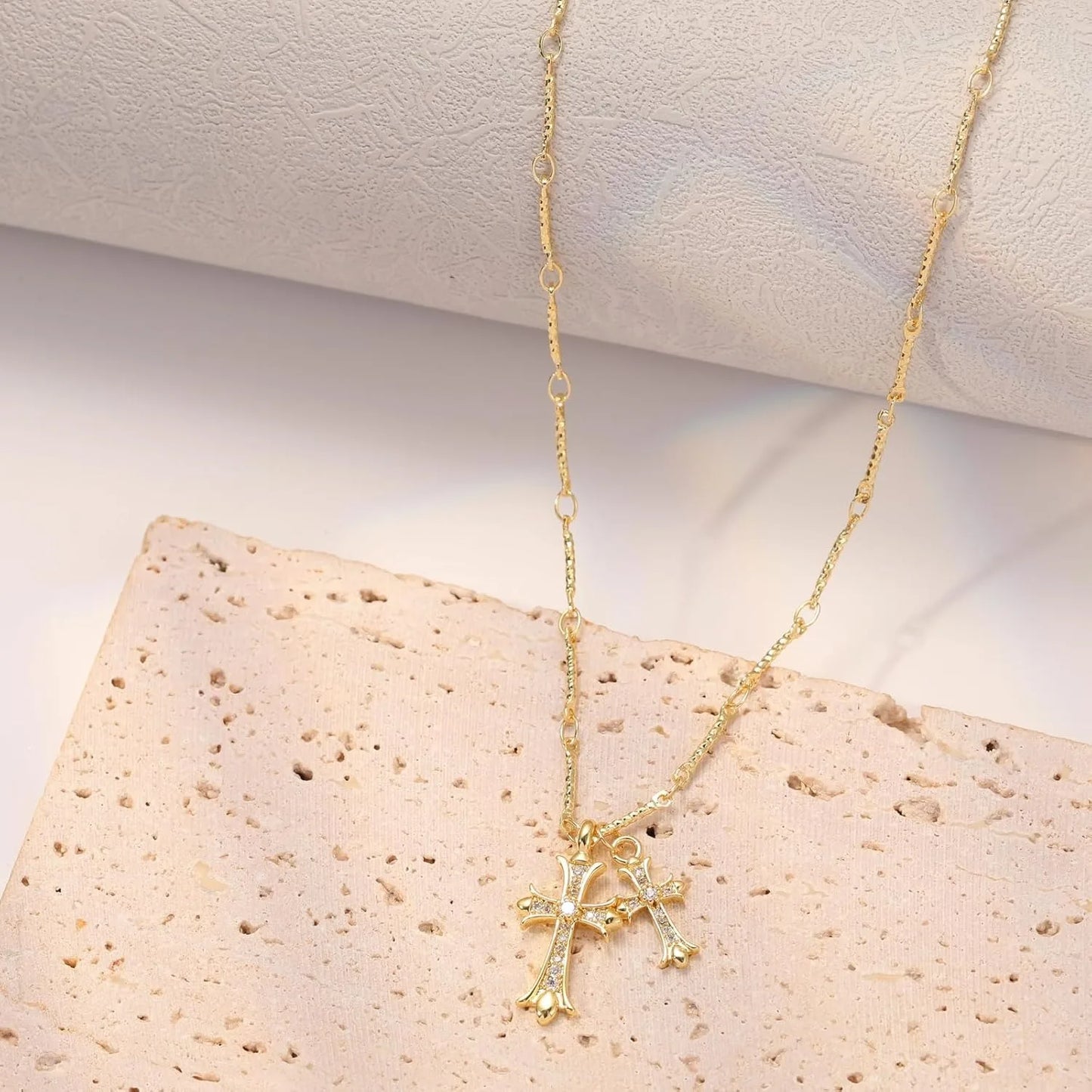 No-EN-Name-Null Women Fine Imitation 18K Gold-Plated Brass Metal Clear White Shiny Diamond-Like Stones Two Cross Pendants Chain Lobster Clasp Necklaces