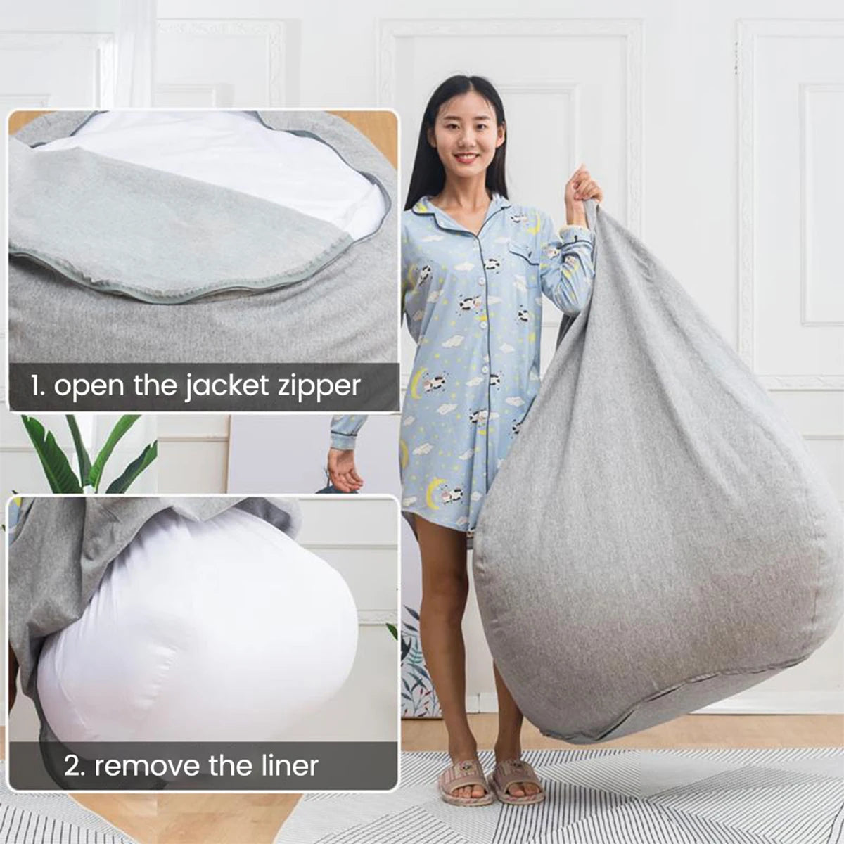 No-EN-Name-Null Removable Washable Polyester Fabric Lazy Teardrop Shaped White-Gray Mesh Bean Bag Inner Liner Chair Accessories /For Bean Bag Chair/Without Filling/Sizes: Small /Medium/ /Large