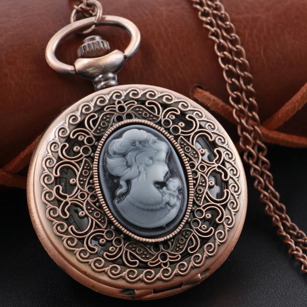 SHUHANG Adults Quartz Analog-Digital Display Gold-Red Ruby Stones On Front-Floral Design On Back Round Shaped Stainless Steel Metal Case Hardlex Face Necklace Chain-Pocket Watches