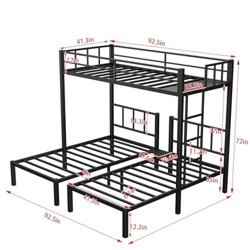 DUTRIEUX Kids Black Three Twin Mattress Metal Powder Coated Frame Bunk Beds/ Sturdy Built-In Ladder/Full-Length Upper Safety Guardrails/Detachable Bunk Beds