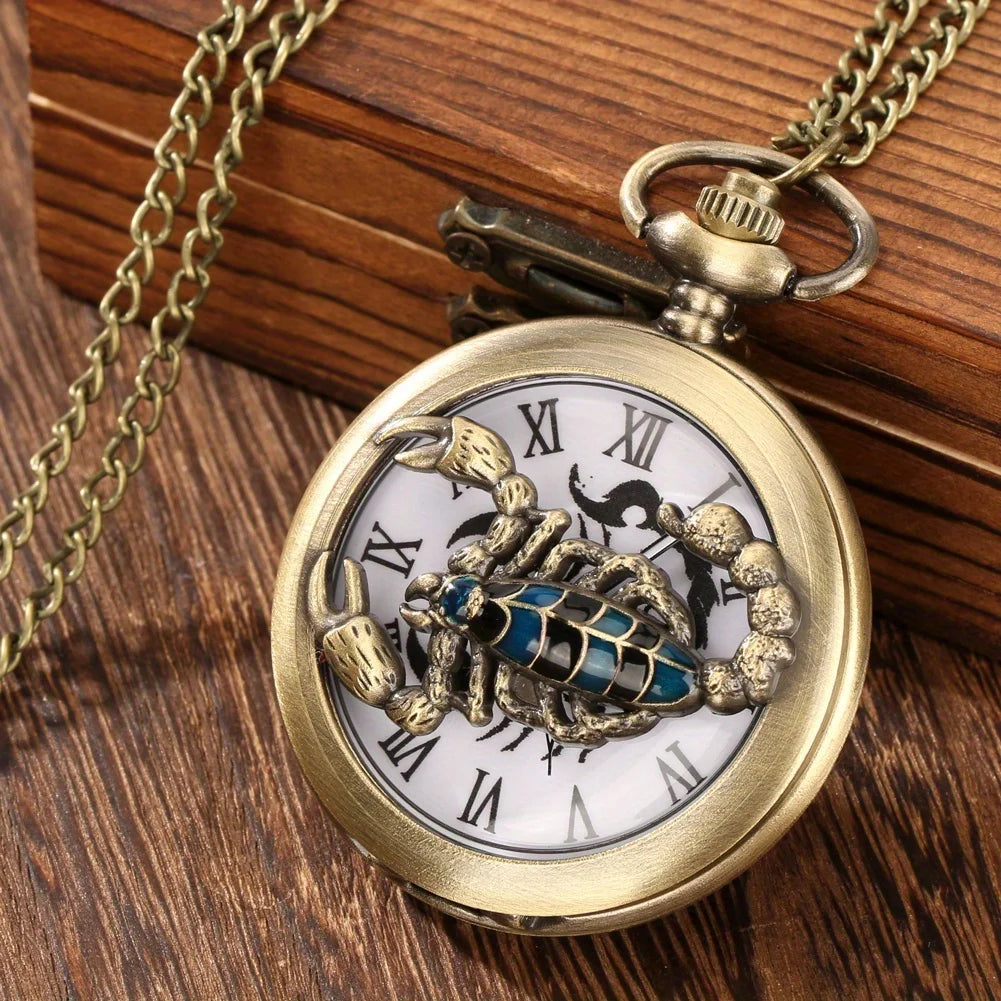 RUNERR Adults Men Vintage Quartz Glass Face Bronze Round Metal Alloy Case Roman Numeral Electronic Drive Mode Scorpion Arachnida Hollow-Out Punk Analog-Digital Display Necklace Chain-Pocket Watches