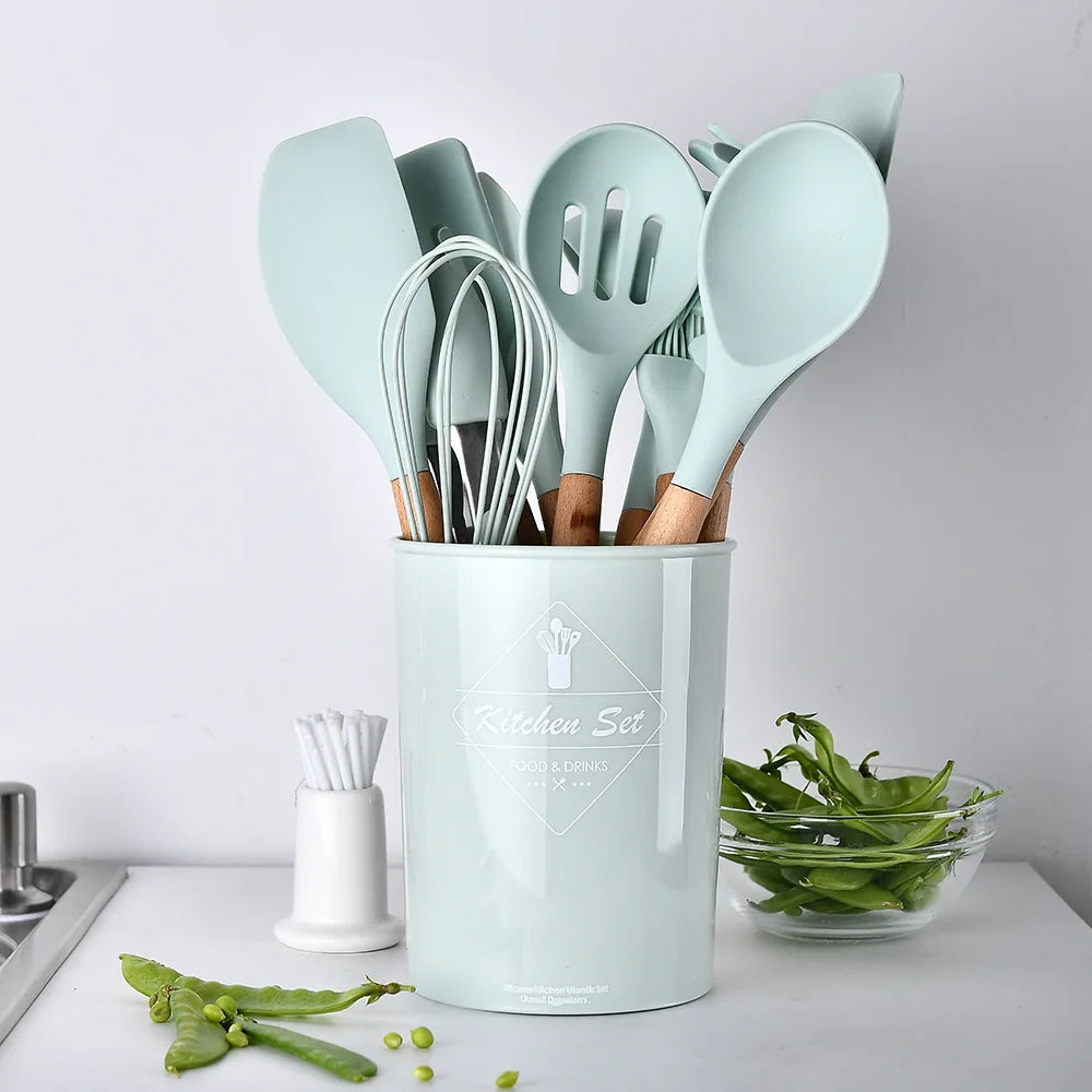 12 PCS Non-Slip Heat Resistant Silicone-Wood Handle Kitchen Utensils Cooking Sets/Colors-Blue/Green/White/Black/Storage Box Included