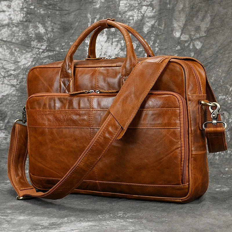 NEWSBIRDS Men Modern Rectangle Shaped Brown-Black Genuine Cowhide Leather Built-In 14-15.6 Inch Single Laptop Compartment Metal Zipper Two Handles-Detachable-Adjustable Shoulder Strap Briefcases