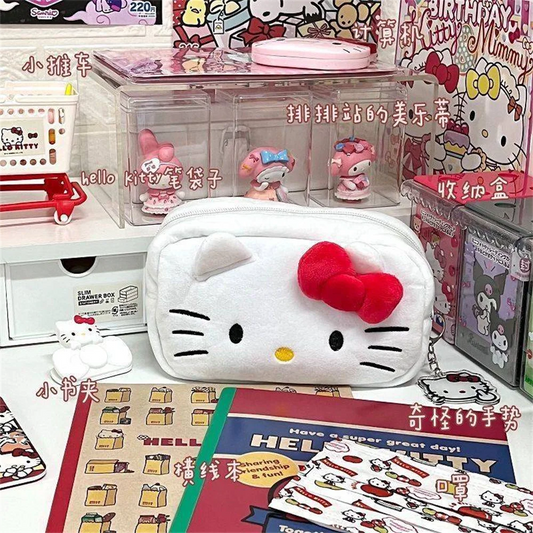 MINISO Lightweight Single Compartment Easy To Install Handle Sanrio Soft Plush White Flannel Fabric Hello Kitty Animal Design Zippered Polyester Lining Make-Up Bags/Colors-Animal/Black/Ivory/White