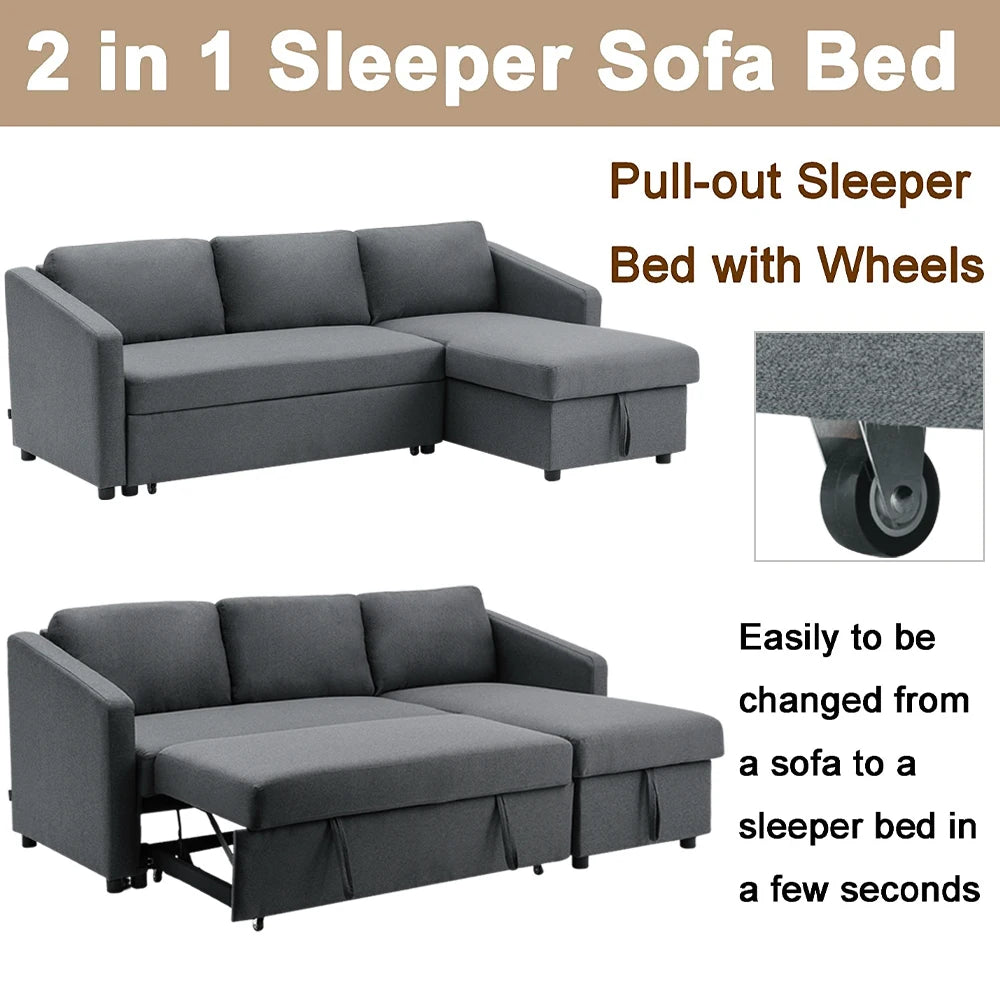 LIVING AND HOME Modern Medium Firm L-Shaped Soft Comfortable Three-Seater Dark Gray Upholstered Padded Hard-Wearing Fabric Foam Cushions Pull-Out Large Double Bed Sleeper With Wheels Wood Frame Left Hand Sectional Sofas/ Hidden Storage