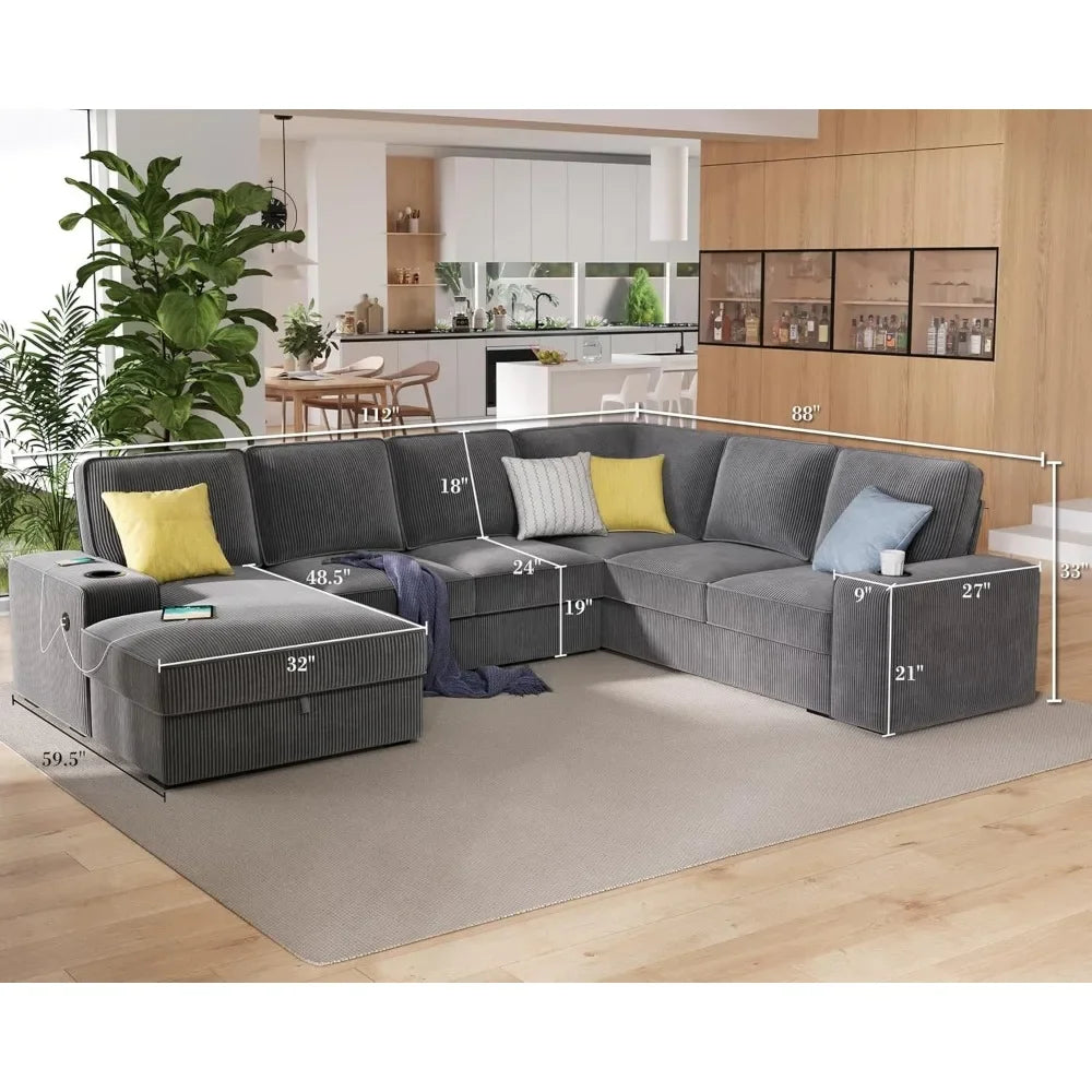 No-EN-Name-Null Modern Oversized U-Shaped 7 Seaters Soft Gray Corduroy Thick Fabric Cushions Chaise Lounge Hidden Storage Two Cup Holders Quick Charge USB Ports Sectional Sofas/Colors-Beige/Gray/Size: 112in x 88in x 33in/Weight Capacity : 2,100 lbs.