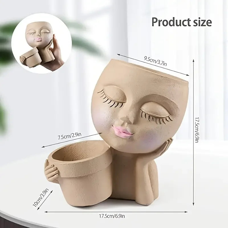 No-EN-Name-Null Indoor-Outdoor Classic Beige Resin Cute Girl Face Handheld Basket Flower Pots Planters/Colors-Beige/White/Gray/Brown/Pink/Multicolor/Floral