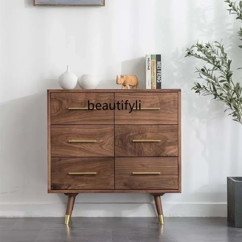 No-EN-Name-Null Free-Standing Brown Solid Walnut Wood Six Drawers Sideboard Storage Chests/ Black Walnut Copper Legs