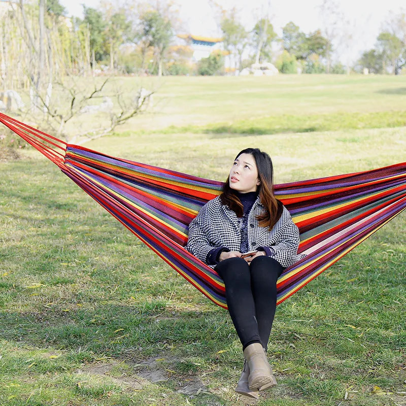 No-EN-Name-Null Outdoor-Indoor Canvas Fabric One Person Thicken Striped Hammocks /Colors-Coffee/Blue/Red/Load Bearing 200 Weight 650