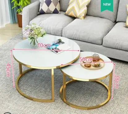TIEHO Modern 2-In-1 Combination Cafe Black Round Shaped Tempered Glass Tabletop White Iron Metal Frame Base Nesting Coffee Table Sets