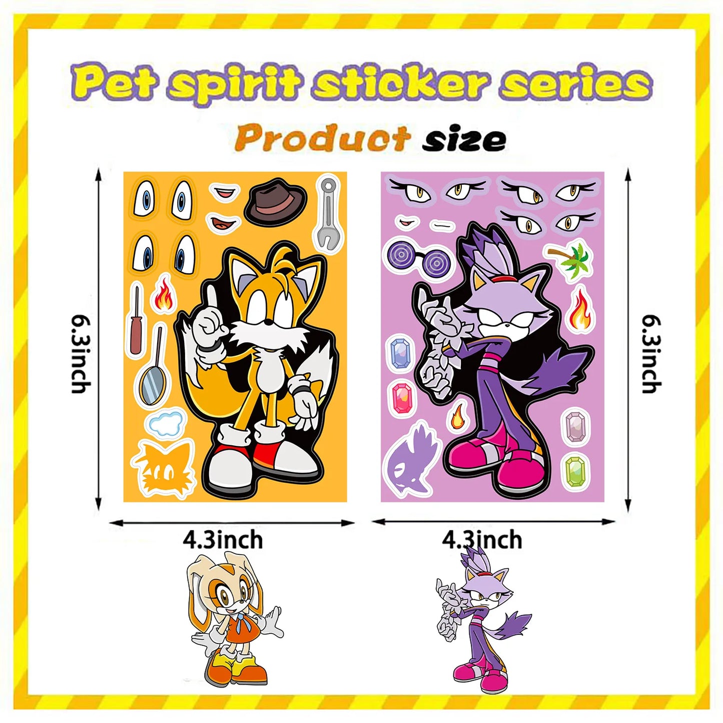 8 Sheets Plastic Multicolor Cute Cartoon Funny Kawaii Anime Sonic The Hedgehog Puzzle Make A Face Sticker Books/Ages: 6-12 + Years Older