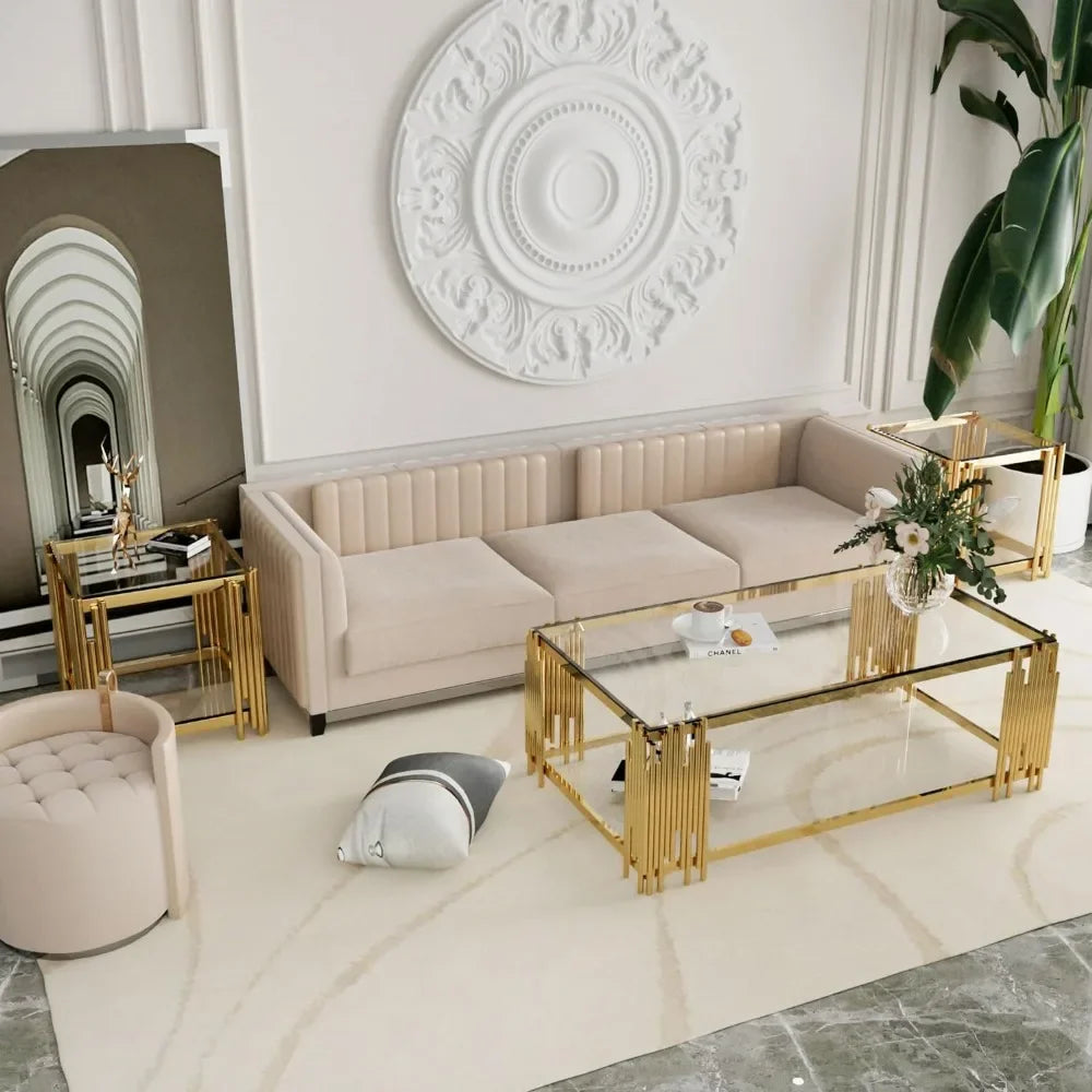 RUO WU Modern Clear Tempered 8MM Thick Glass Top Rectangle Shaped Gold Stainless Steel Pipe Welded Legs Coffee Tables