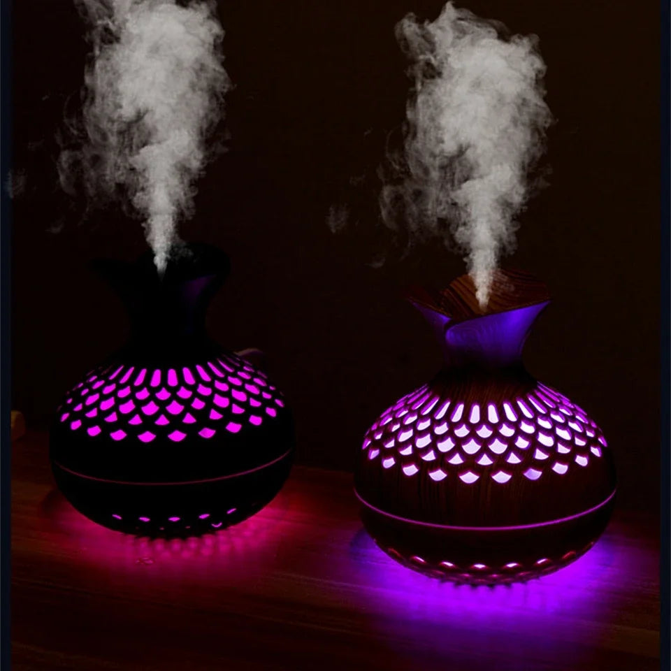Warm Low Night Light Portable Tabletop 2 Spray Modes Wood Grain Air Delicate Water Mist-Heavy Fog Ultrasonic Oil Diffusers/Colors-Brown/Black