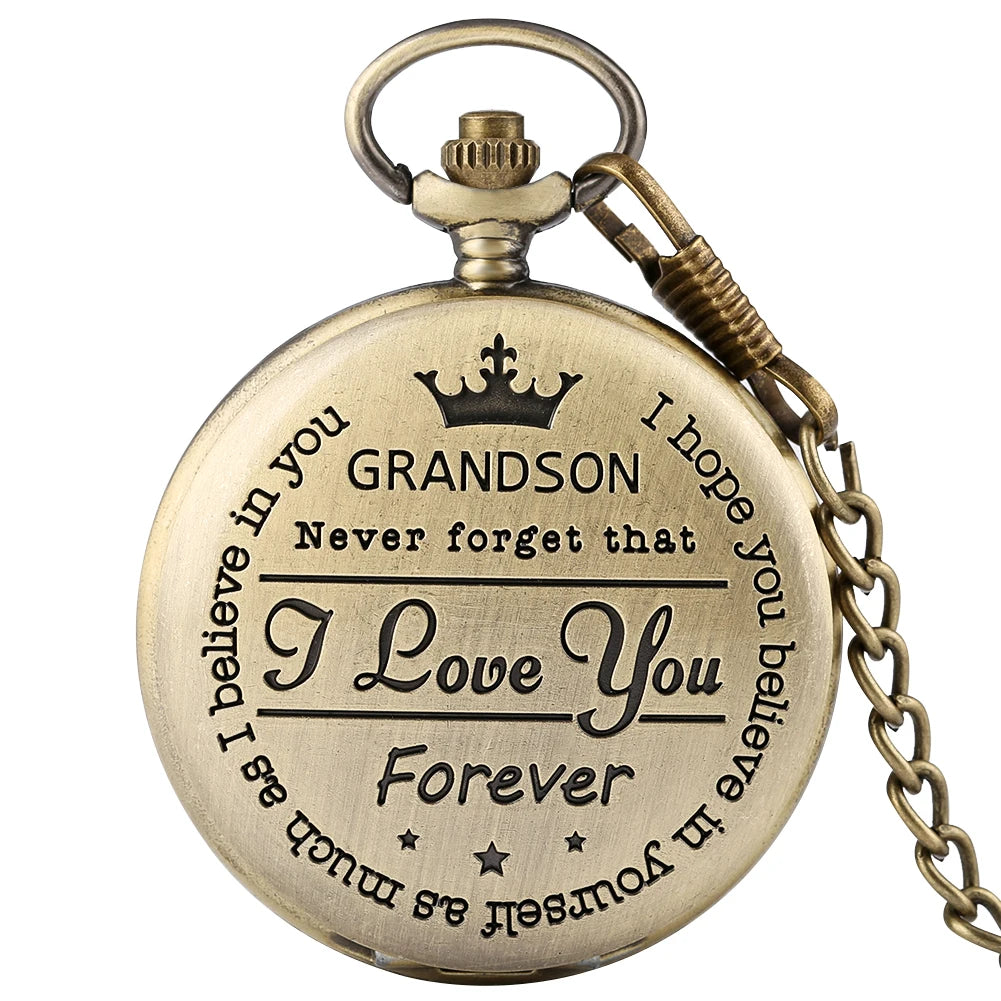 YISUYA Adults Quartz Analog Display Round Gold Metal Alloy Case Acrylic Face Engraved To My Grandson Never Forget That I Love You Forever Design Gold Chain-Pocket Watches /Colors-Bronze/Gold/Black